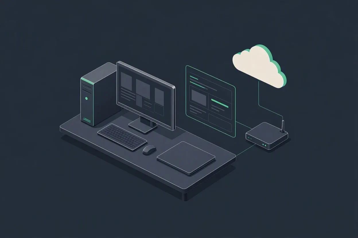 Windows-Arbeitsplatz mit Diagnosebericht, daneben Router und Cloud – die erfassten System- und Netzwerkdaten werden vom Arbeitsplatz aus übermittelt.